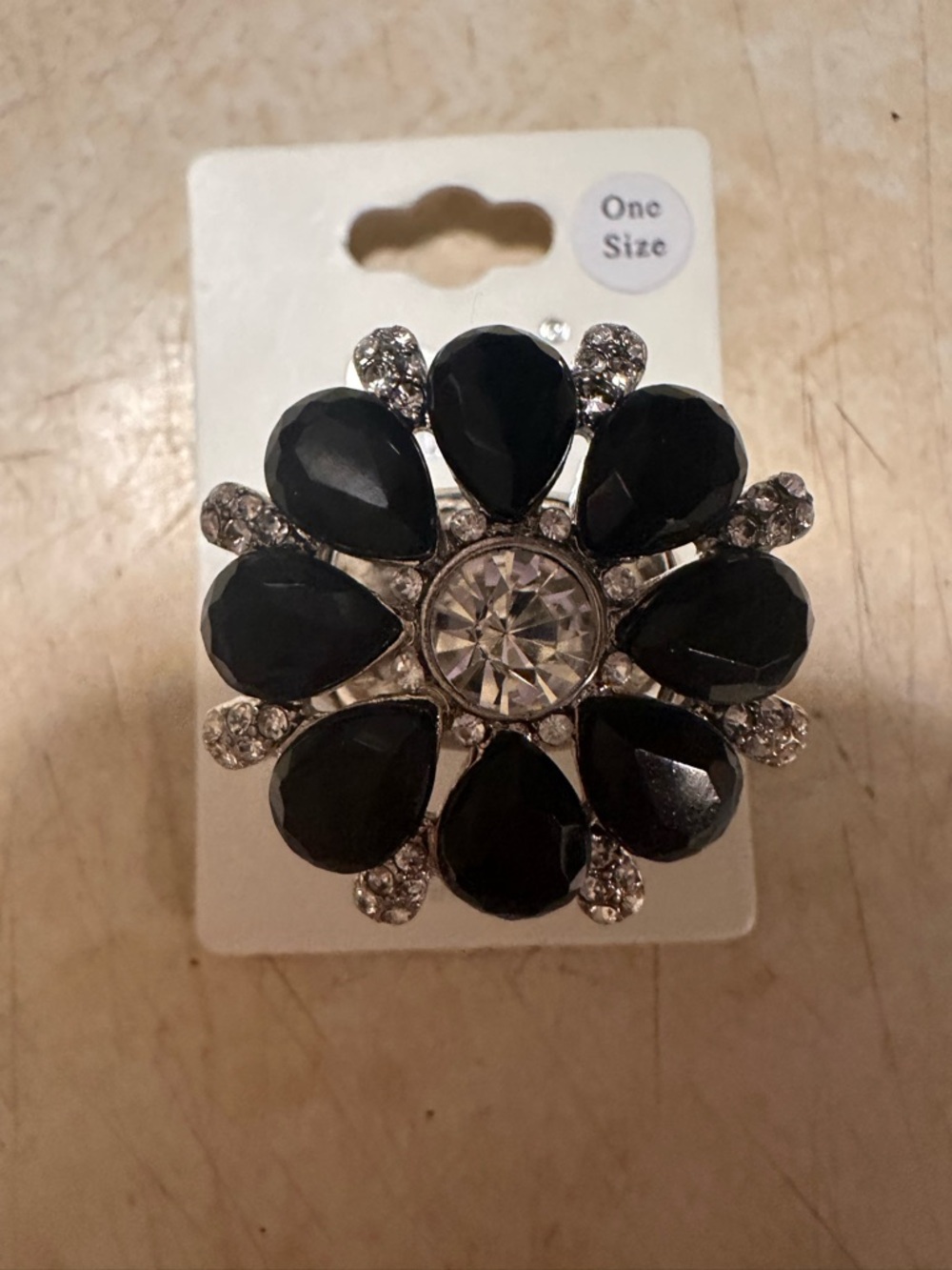 MIA Black Floral Crystal Statement Ring (stretch)